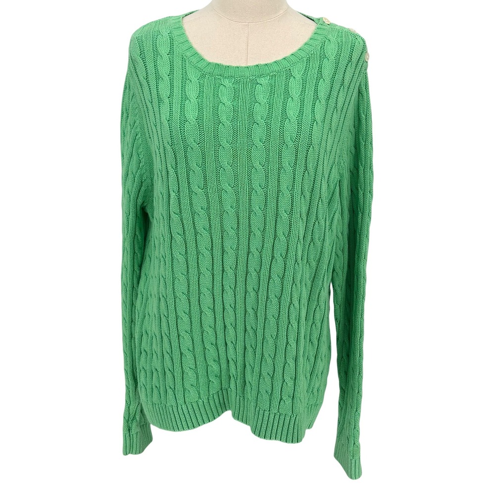 Lands End Sweater Green Cable Knit Shoulder Button 100% Cotton XL 18